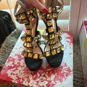 Chinese Laundry Black Heels with Yellow Jewels